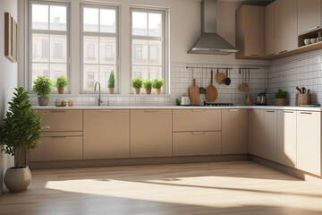 A 3D rendering of a clean and tidy kitchen with full kitchenware