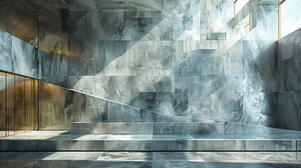 a modern stone interior with a curved wall and a large bowl sitting on a stone bench.