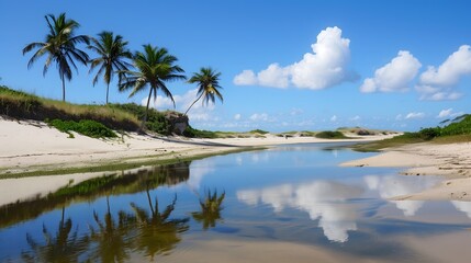 Tropical Beach Lagoon with Palm Trees and Clear Blue Sky, Serene Coastal Landscape
