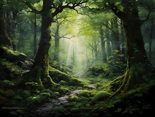 Panoramic image of a green forest with sunbeams.