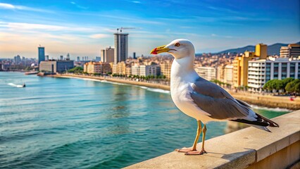Imposing seagull standing tall over Barcelona's seafront promenade , seagull, Barcelona, seafront, promenade, bird, nature