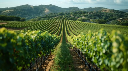 Fototapeta premium Rows of grape vines stretch into the distance, with a hill covered in olive trees in the background.