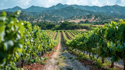 Obraz premium Rows of grape vines stretch into the distance, with a beautiful mountain landscape in the background.