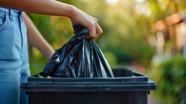 Hand holding garbage black bag putting in to trash,Garbage bag in a trash bin,waste management and recycling concept,black plastic bags,Waiting for the rubbish keeper officers to take them away.