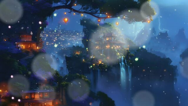 Fantasy mansion built on top of an ancient with waterfalls, mystical mountain. Fairytale world infinite loop animation