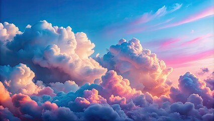Fluffy volumetric clouds in a blue pink sky background, fluffy, volumetric, clouds, blue sky, pink sky, peaceful, serene, atmosphere