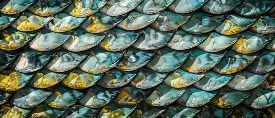 Fototapeta premium Panoramic close-up, high detail scan of shimmering mackerel scales texture, Generative AI