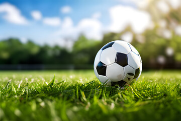 Fototapeta premium A white and black soccer ball is sitting on a green field