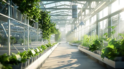 Greenhouse interior with plants and sunlight