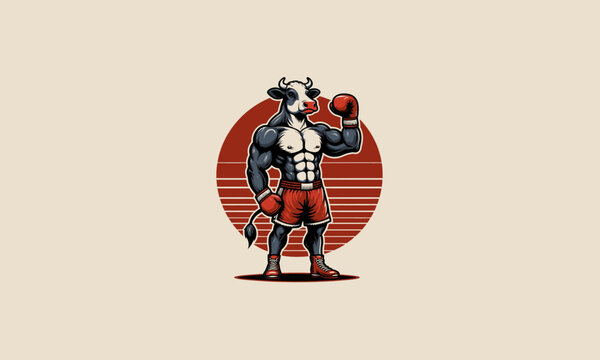 cow wearing gloves boxing red and pant vector mascot design