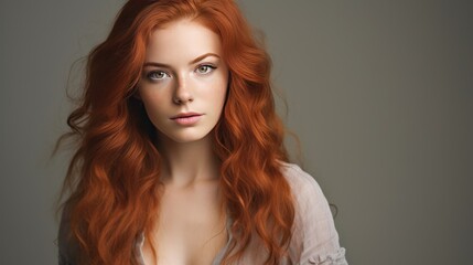 Fototapeta premium Beautiful red-haired mid adult woman in casual attire, 