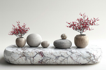 A still life image of rocks and plants on a marble table. 