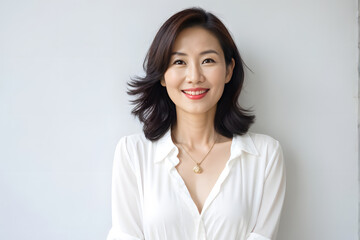 Fototapeta premium A woman with a gold necklace is smiling