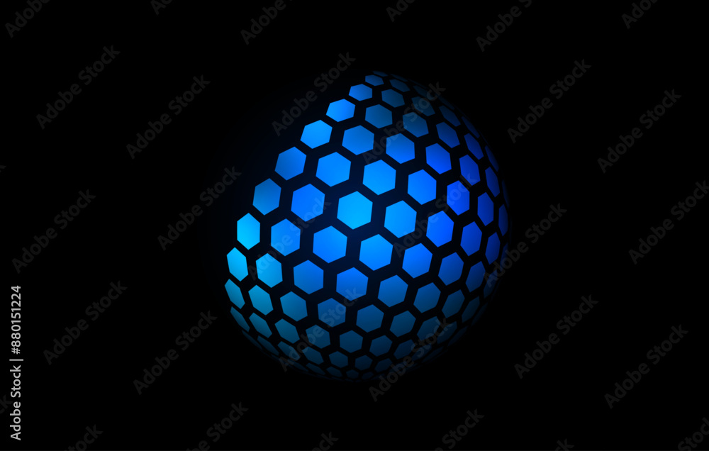 Poster blue neon hexagon pattern sphere. 3d halftone hemisphere concept. grid globe futuristic element. rou