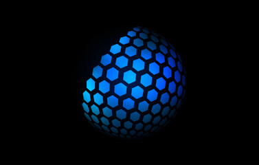 Blue neon hexagon pattern sphere. 3d halftone hemisphere concept. Grid globe futuristic element. Round shape for tech poster, banner, cover, emblem, logo. Vector illustration