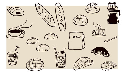 手描きのパンと飲み物のイラストセット　線画