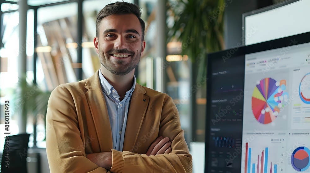 Poster confident businessman with arms crossed in front of a screen with charts and graphs.