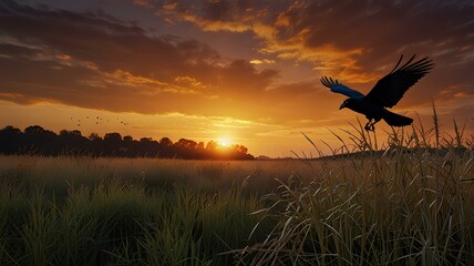 Picture of a Crow Flying Over Grassland with Sunset Sky Background