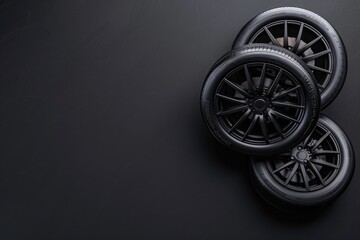 Car tires on black textured background. Top view with copy space