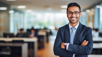 Fototapeta premium Indian businessman posing with arms crossed in stylish office environment 