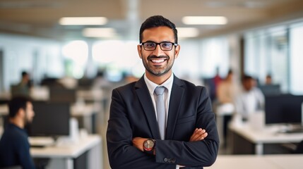Fototapeta premium Cheerful Indian businessman posing with arms crossed 