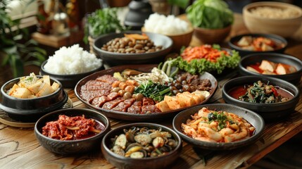 Fototapeta premium A variety of Korean food is served on a table. There are rice, kimchi, soup, and other dishes.