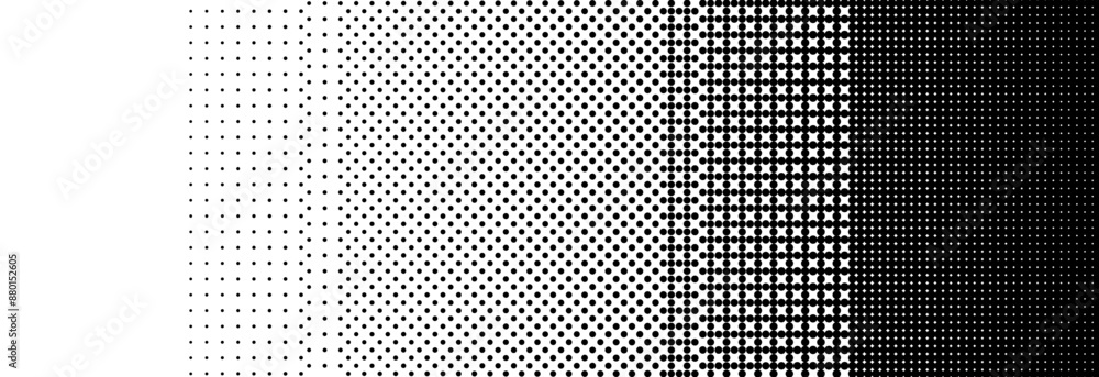 Poster Pixelated bitmap gradient texture. Black and white dither pattern background. 8 bit video game screen wallpaper. Retro glitchy pixel art illustration. Abstract vector wide horizontal dithering border