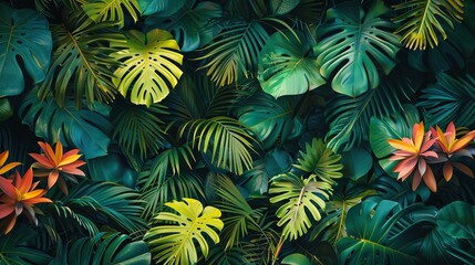 Seamless wallpaper design with exotic tropical foliage, incorpor