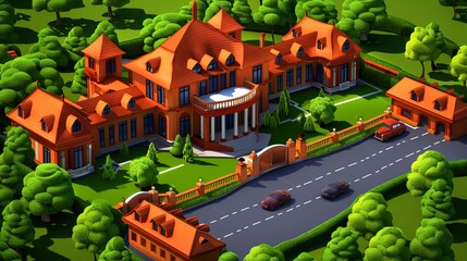 Fantasy RPG residential house building background, 3d anime cartoon megamansion ultimate luxury video game asset