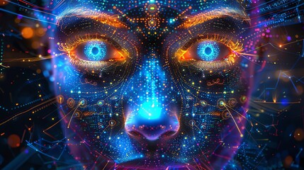 Abstract face with bright blue eyes and neon lines.