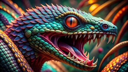 Fototapeta premium Vibrant serpent with striking emerald, crimson, and sapphire scales coils menacingly, jaws open wide, fangs bared, ready to strike.
