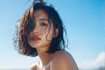 A woman with short hair and red lipstick is standing in the sun