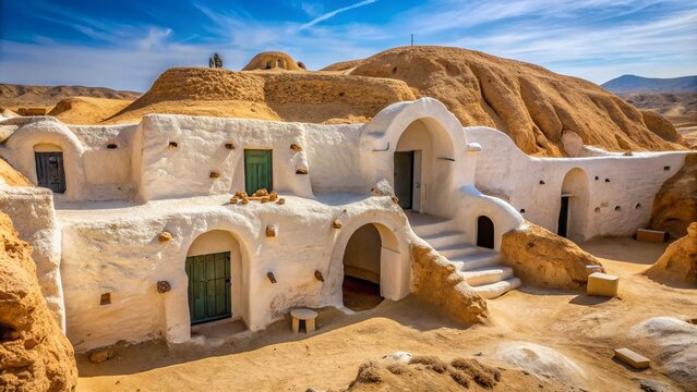 Ancient earthen berber dwelling with arched doorways and whitewashed walls blends seamlessly into desert landscape near Matmata, Tunisia.