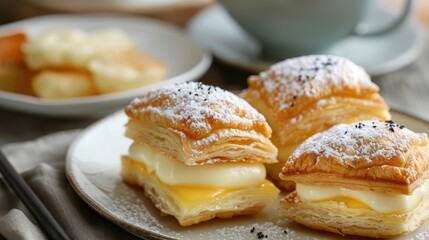 Japanese pastry with creamy custard filling and tea
