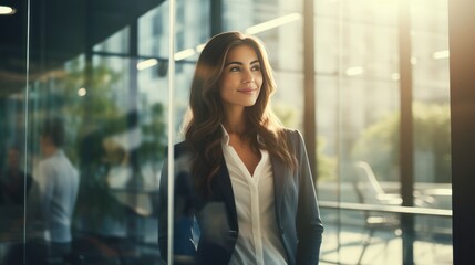 Confident businesswoman standing in modern conference room 