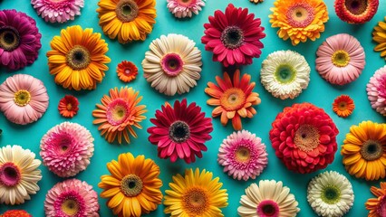 Vibrant gerbera flowers arranged in a pattern on a bright cyan background, symbolizing love and new beginnings of spring season.