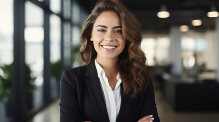 Confident woman in business attire, smiling, indoor office setting, 
