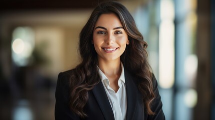 Fototapeta premium Confident woman in business attire, smiling, indoor office setting, 