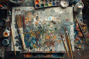 Messy artist's workspace with art supplies on a white surface.