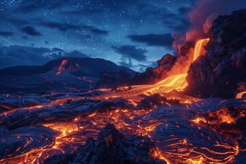 Eruption of a Volcano Under a Starry Night.