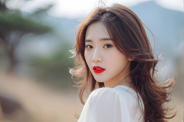 Fototapeta premium A woman with long brown hair and red lipstick is standing in a field