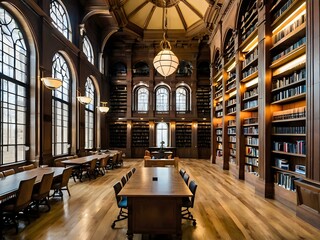 Fototapeta premium A large and luxurious library with tables and chairs with a large fireplace in the center