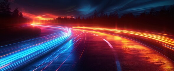 Obraz premium Night Road with Dual Light Trails