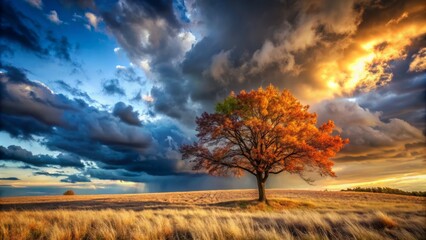 Obraz premium Dramatic skies loom over a lone tree standing at the threshold of autumn and winter, contrasting seasons in stark natural beauty.