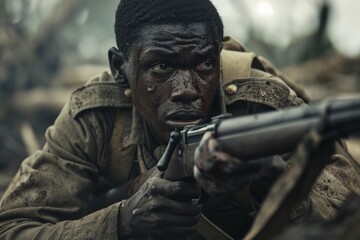 Obraz premium Soldier Aiming Rifle in Jungle.
