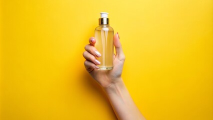 Isolated yellow background features a delicate feminine hand cradling a sleek translucent bottle, accentuating elegance and sophistication.