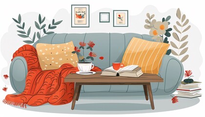 Illustration of interior design sitting room with coffee table, book.