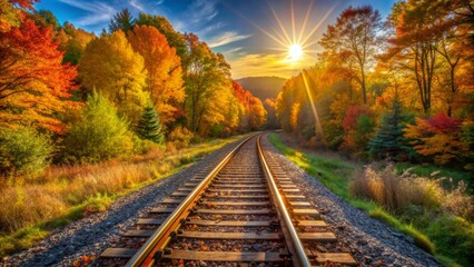Obraz premium Golden afternoon sunlight casts warm glow on rustic railroad tracks amidst vibrant autumn foliage and lush green grassy landscape.