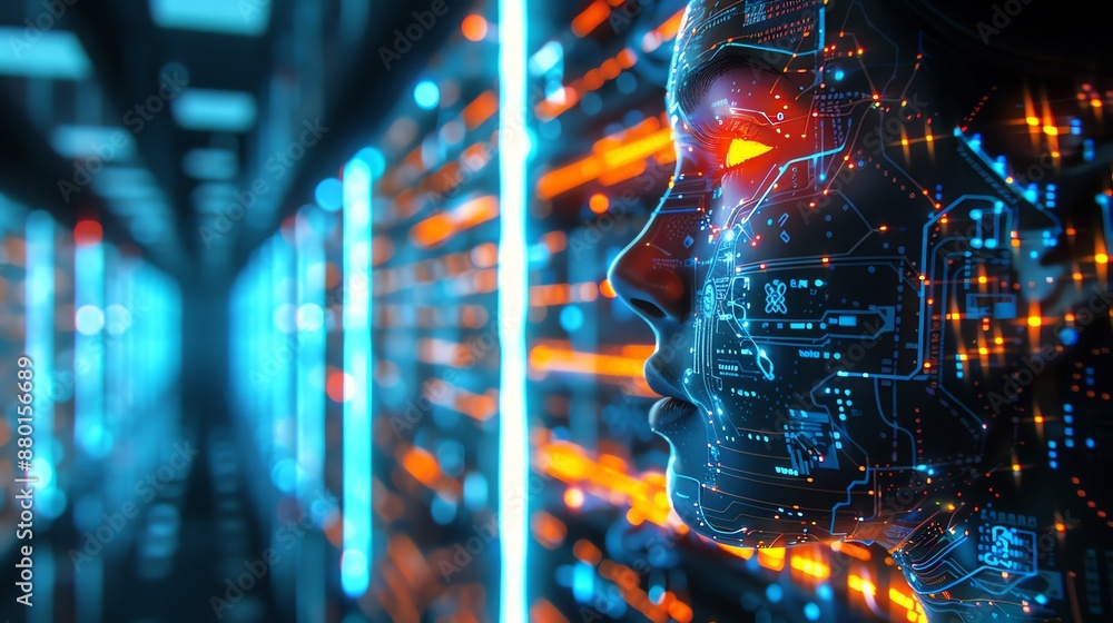 Aufkleber AI face with circuit board pattern in futuristic server room.