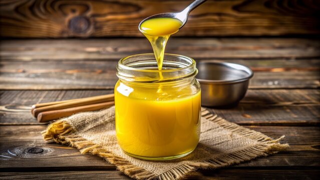 Golden liquid clarified butter ghee flows slowly into a clean empty glass jar on a rustic wooden background surface.